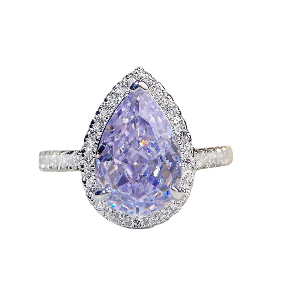 S925 sterling silver pear-shaped ring with lavender purple high carbon rhinestone, European and American fashion zircon gem diamond ring1