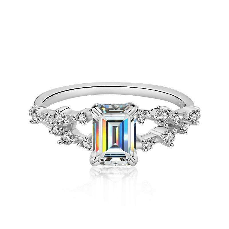 【#160】Defina Sterling Silver Moissanite Ring – Exquisite Emerald Cut, Dazzling in Various Colors