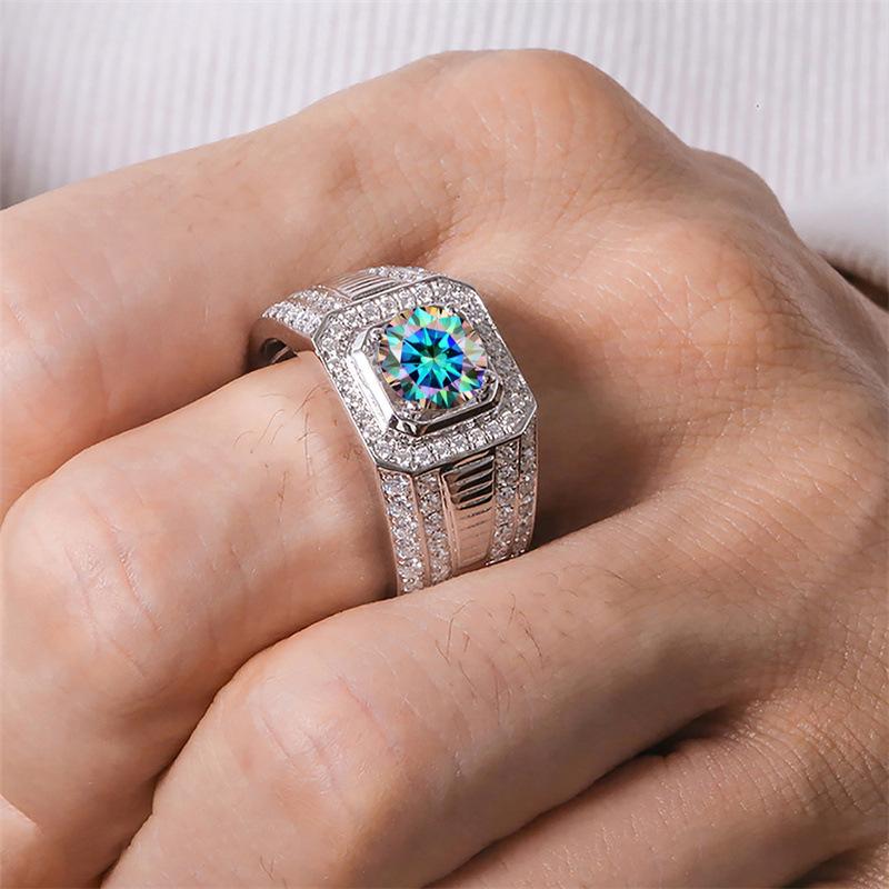 Right Hand Moissanite Full Diamond Colorful Four Claw Men's Ring 9253