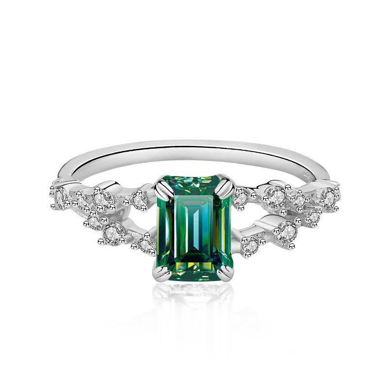 【#160】Defina Sterling Silver Moissanite Ring – Exquisite Emerald Cut, Dazzling in Various Colors