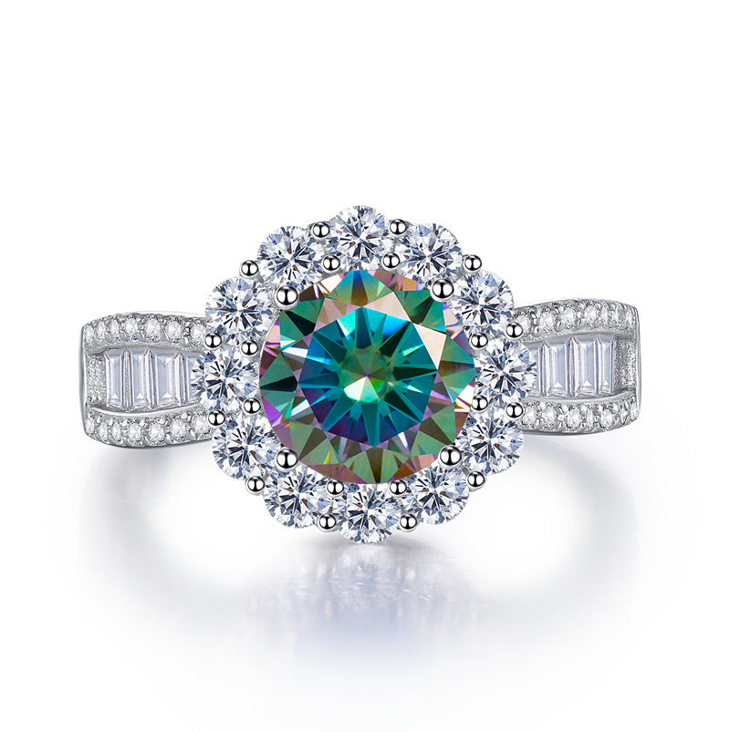 European and American luxury 2 Karat moissanite ring with pink blue green stones, hot sale on Tik Tok live stream12