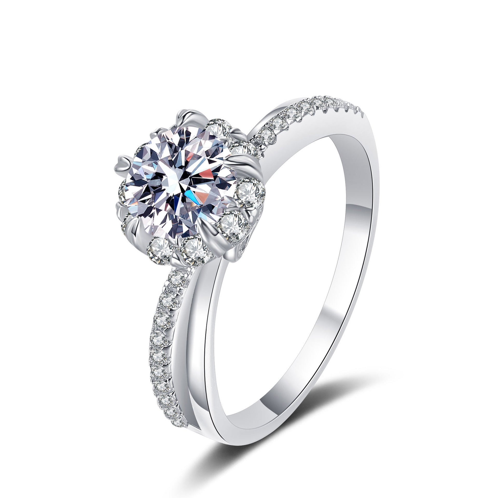 Elegant 925 sterling silver female ring with 1 karat moissanite, plated with PT950 gold, available for wholesale1