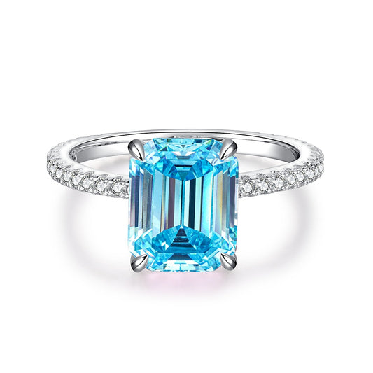 Elegant 925 Sterling Silver Aquamarine Ring with Full Diamond Emerald Cut for Women, PT950 Gold Plated Banquet Rock Candy Ring2