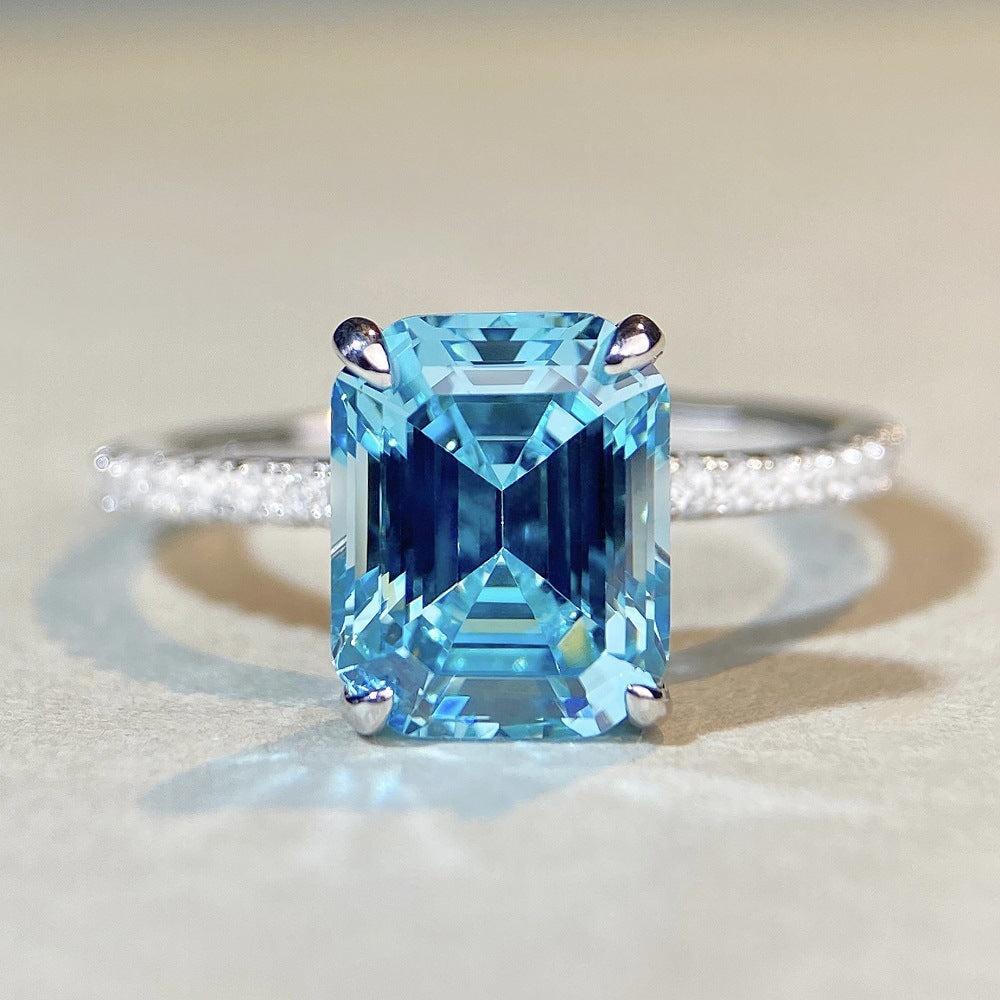 Elegant 925 Sterling Silver Aquamarine Ring with Full Diamond Emerald Cut for Women, PT950 Gold Plated Banquet Rock Candy Ring0