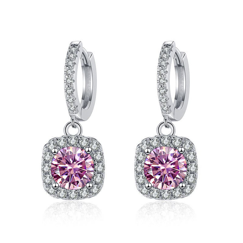 Sterling Silver S925 luxury moissanite stud earrings with white gold plating and elegant pink moissanite in a simple fashion design3