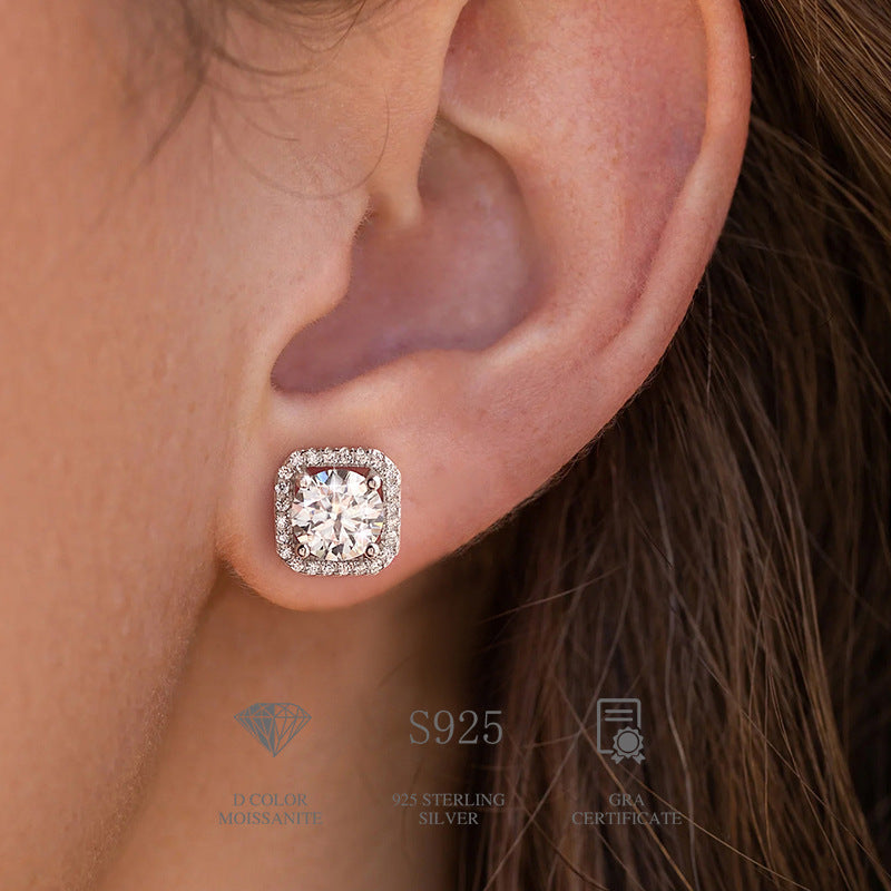 Luxury S925 silver moissanite stud earrings with square and round bag design, wholesale jewelry accessory from source factory, popular on TikTok2