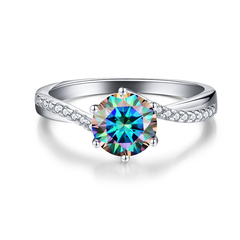 925 Sterling Silver multi-color Moissanite ring with twisted arm and six-claw setting0