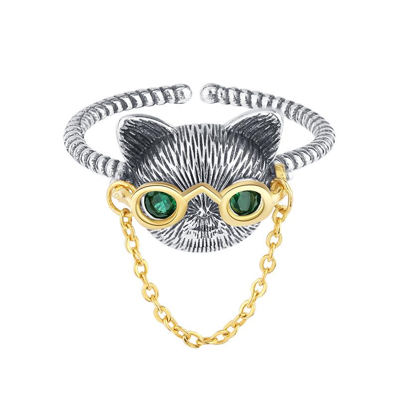 925 Sterling Silver Doctor Cat Ring with 18K Gold Plated Glasses2